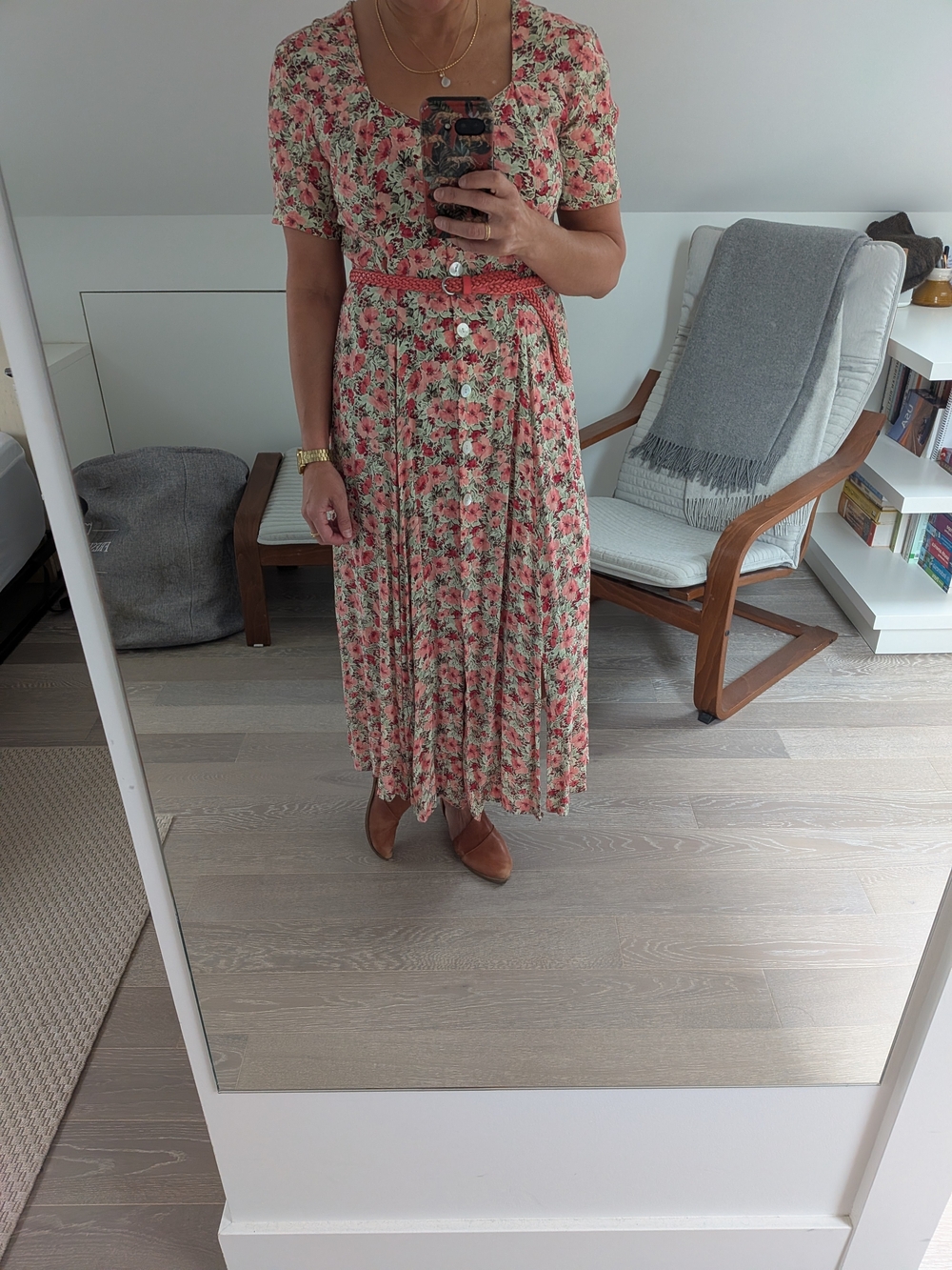 80s Floral Midi Dress with Button Front